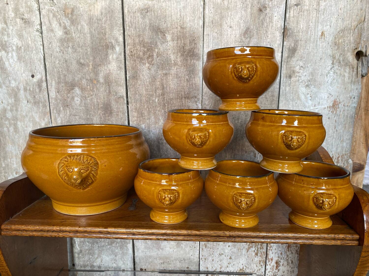 Antique Soup Tureen + 6 Onion Bowls Beige Ceramic Lion Head Vintage #B578