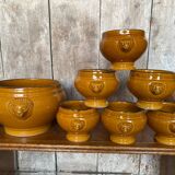 Antique Soup Tureen + 6 Onion Bowls Beige Ceramic Lion Head Vintage #B578
