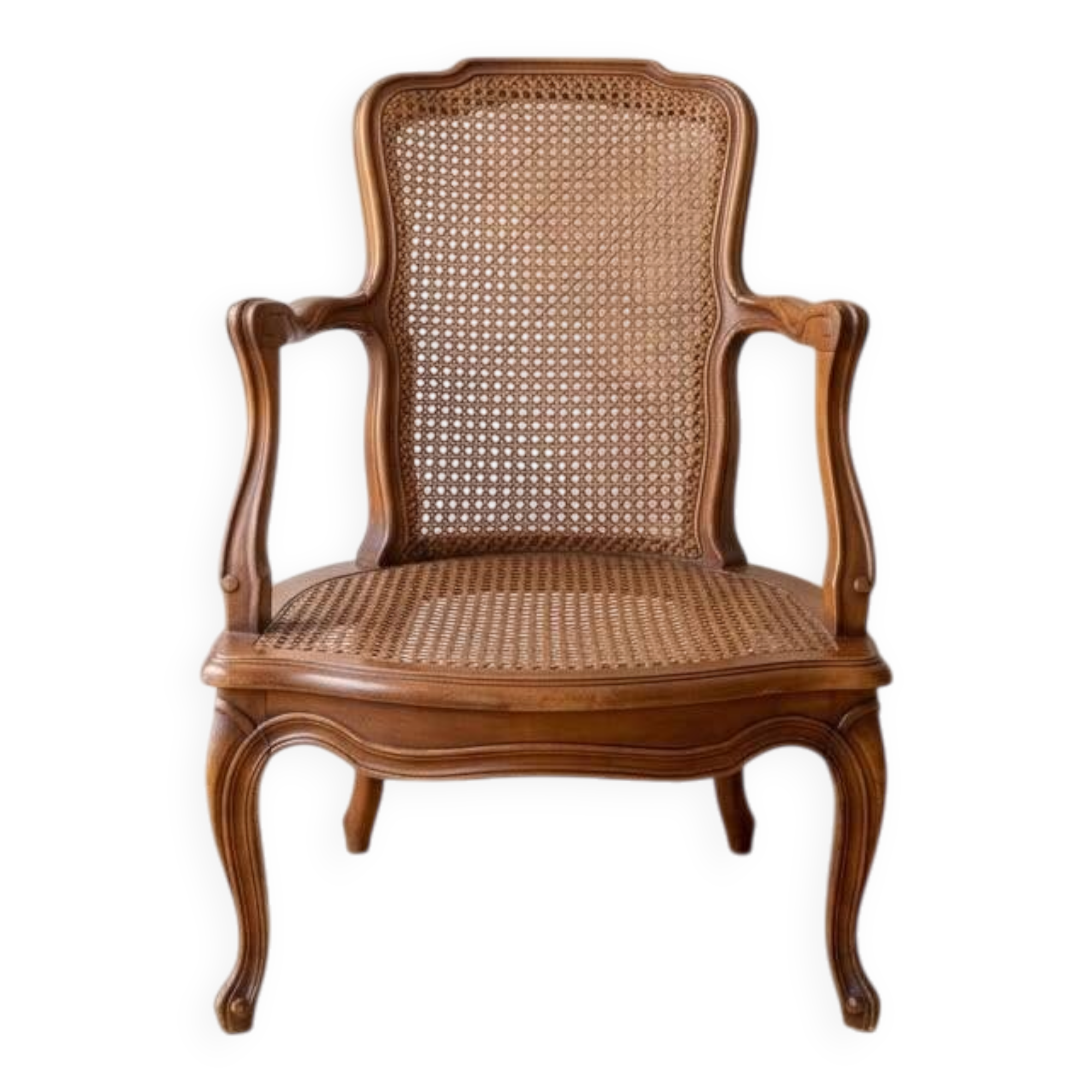 Low Louis XV armchair in wood and cane