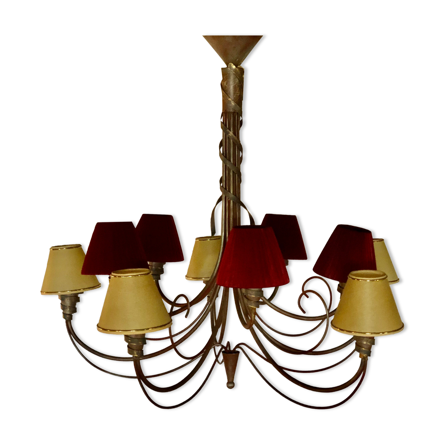 Italian chandelier 10 fires in patinated wrought iron burgundy and gold