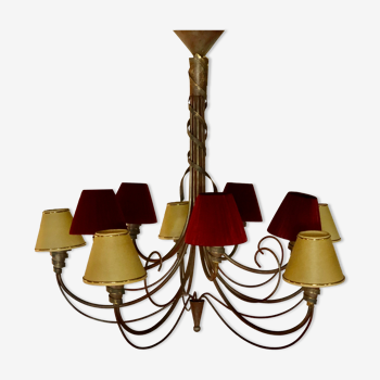 Italian chandelier 10 fires in patinated wrought iron burgundy and gold