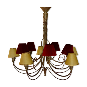 Italian chandelier 10 fires in patinated wrought iron burgundy and gold