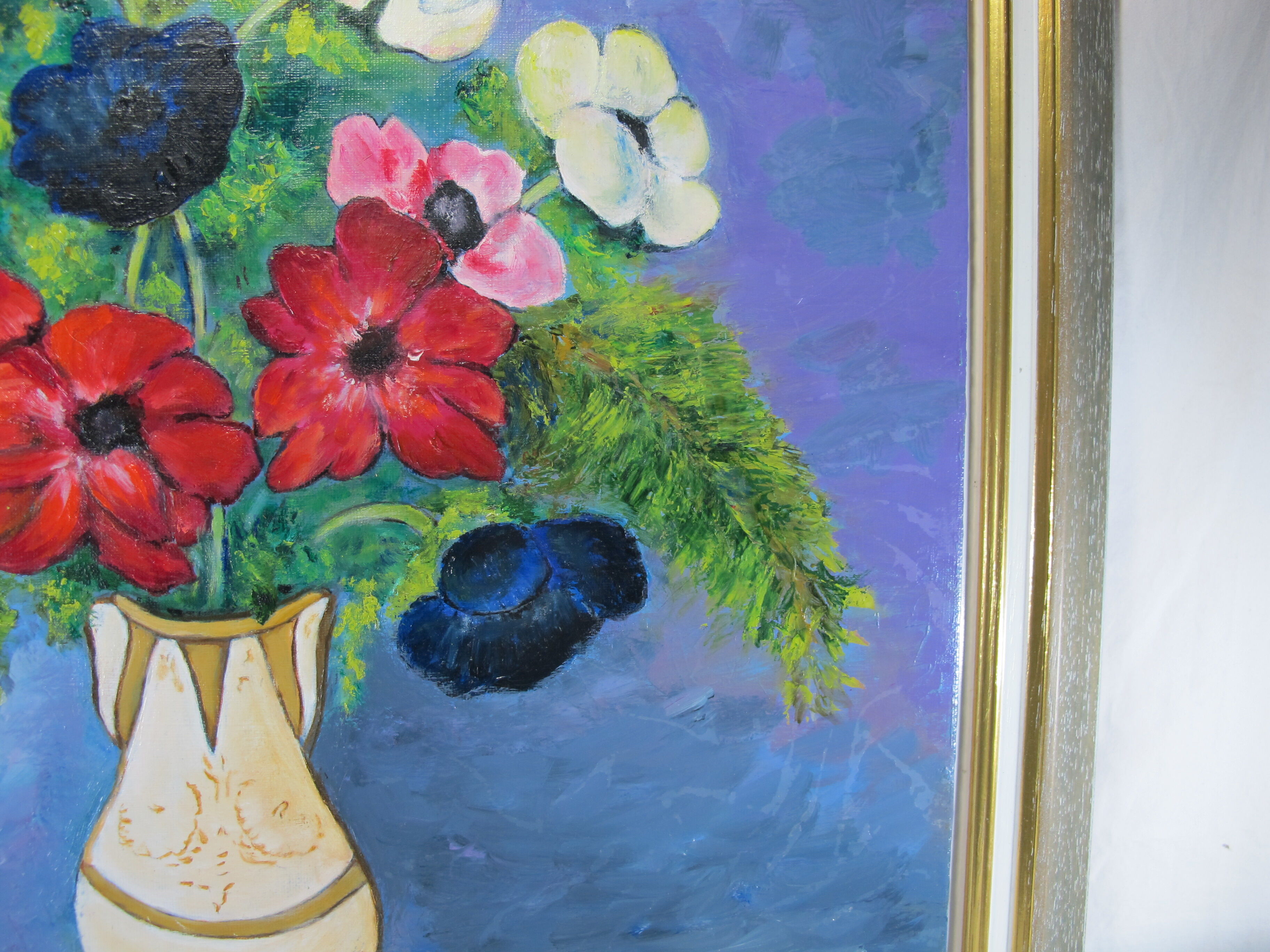 Oil painting on wood panel still life vase bouquet of flowers signed