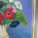 Oil painting on wood panel still life vase bouquet of flowers signed