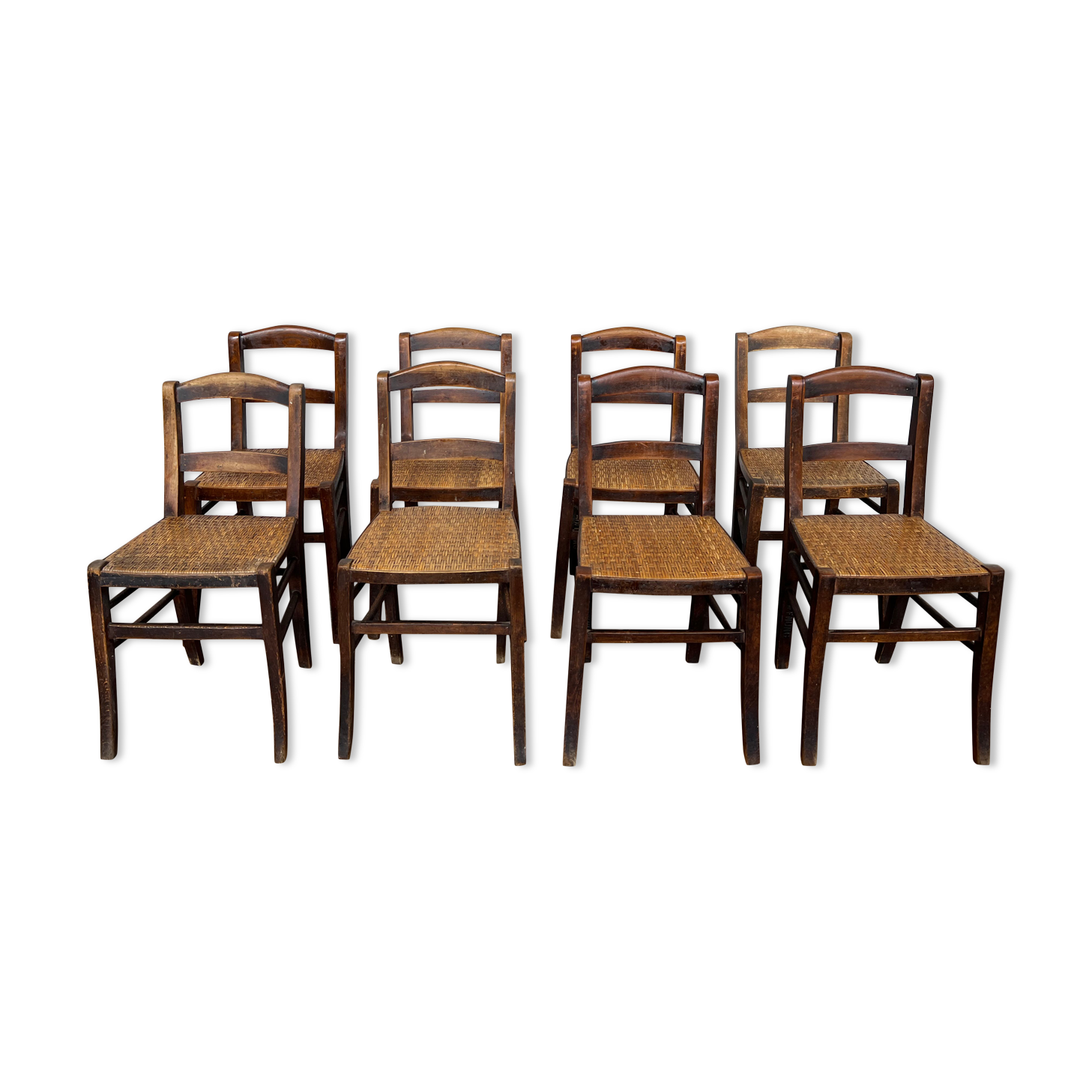 Series of 8 vintage bistro chairs early 20th wood and straw