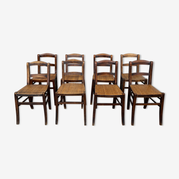 Série de 8 chaises de bistrot vintage début 20ème bois et paille