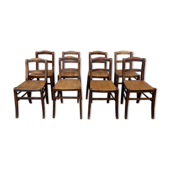 Série de 8 chaises de bistrot vintage début 20ème bois et paille