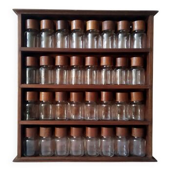 Wooden shelf with 32 vintage Cole & Mason spice jars