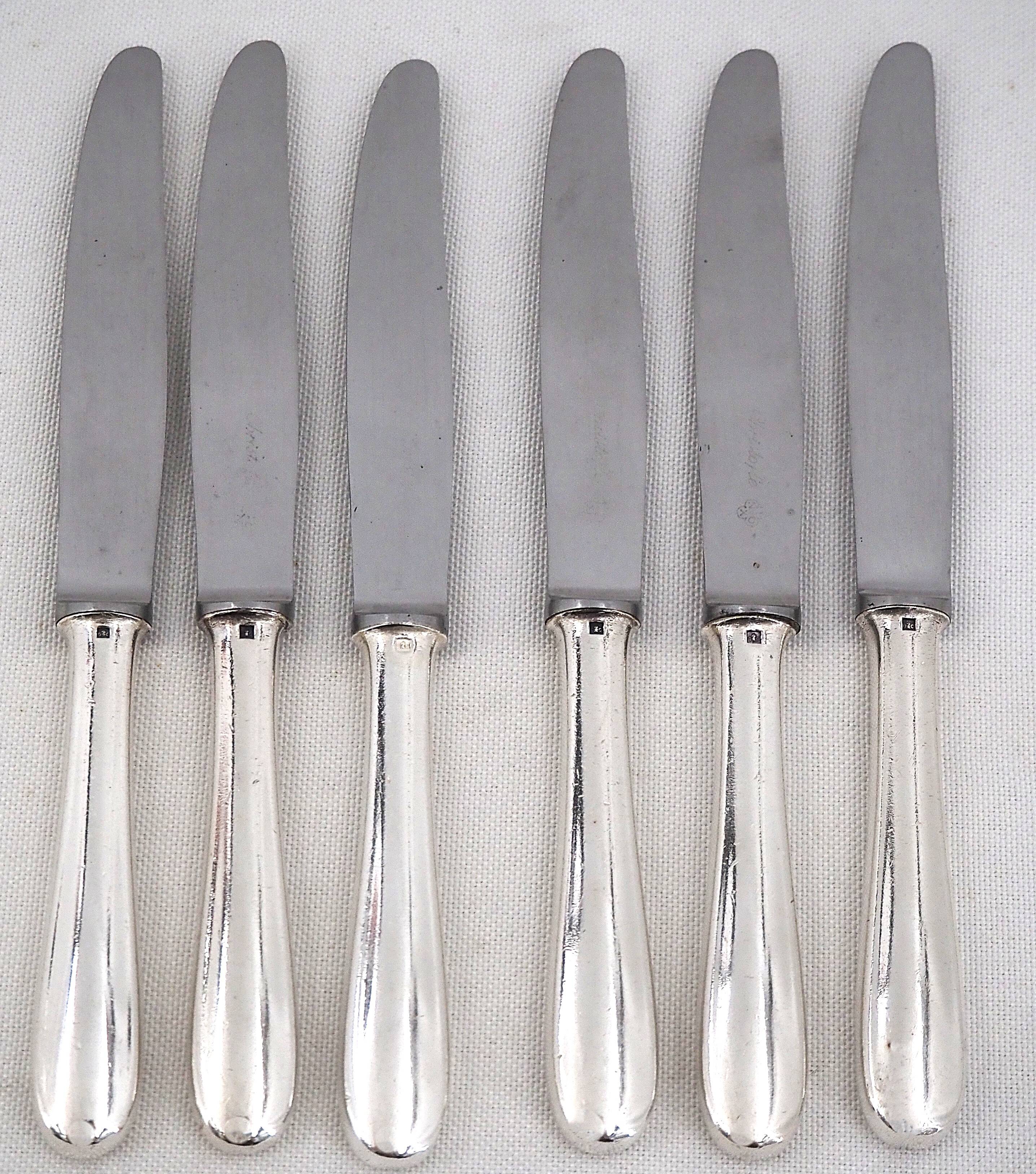 Christofle model Dax, 6 dessert, cheese, and side knives, silver metal.