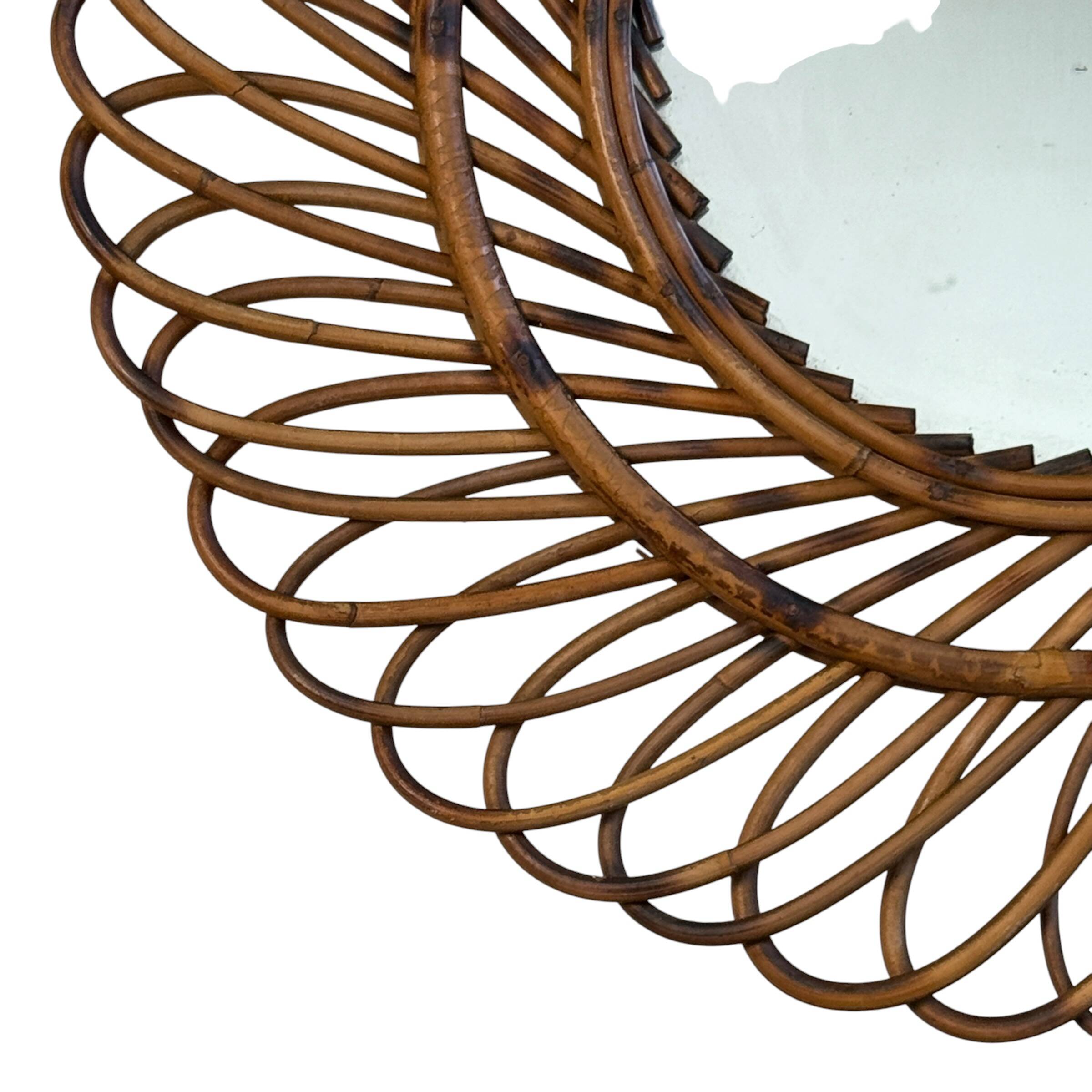 Round rattan mirror from the 1950s France