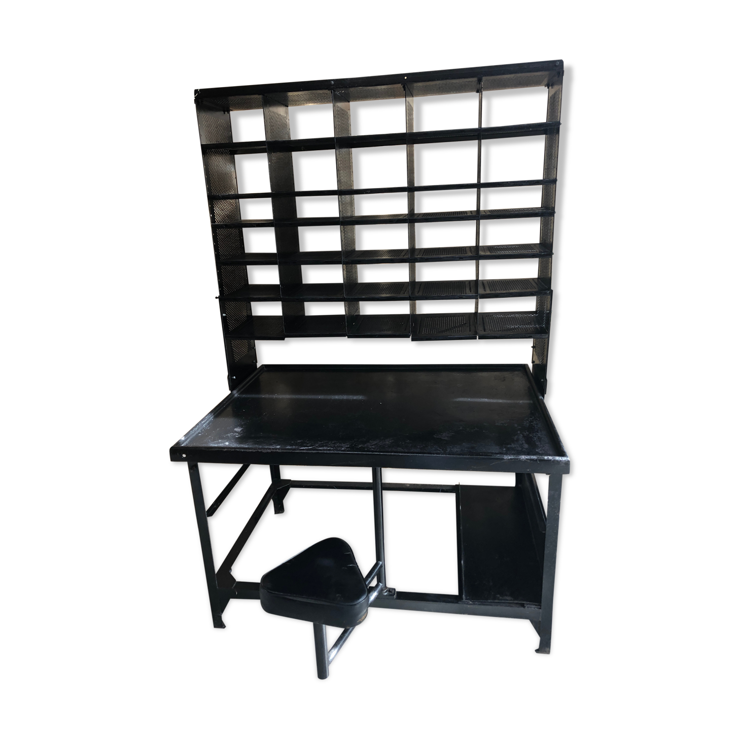Old black metal postal sorting furniture + 30 perforated lockers + vintage stool