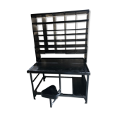 Old black metal postal sorting furniture + 30 perforated lockers + vintage stool