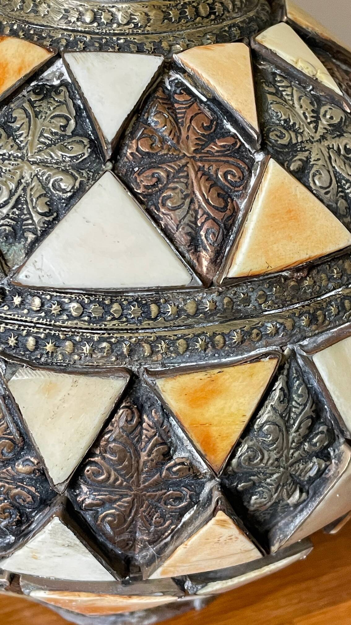 Vintage handcrafted lamp, pottery and silver-plated metal
