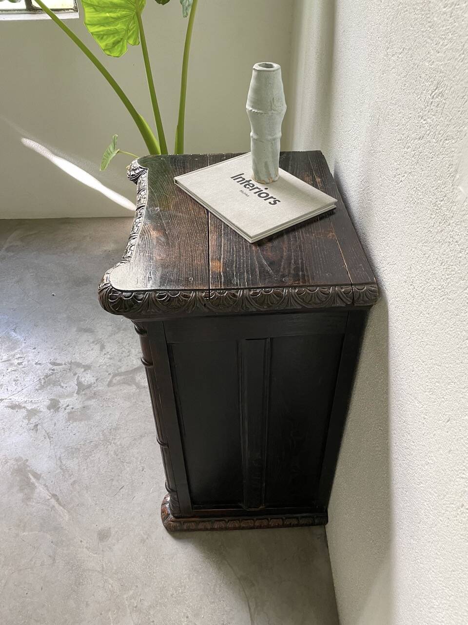 19th century chest of drawers in carved blackened pine