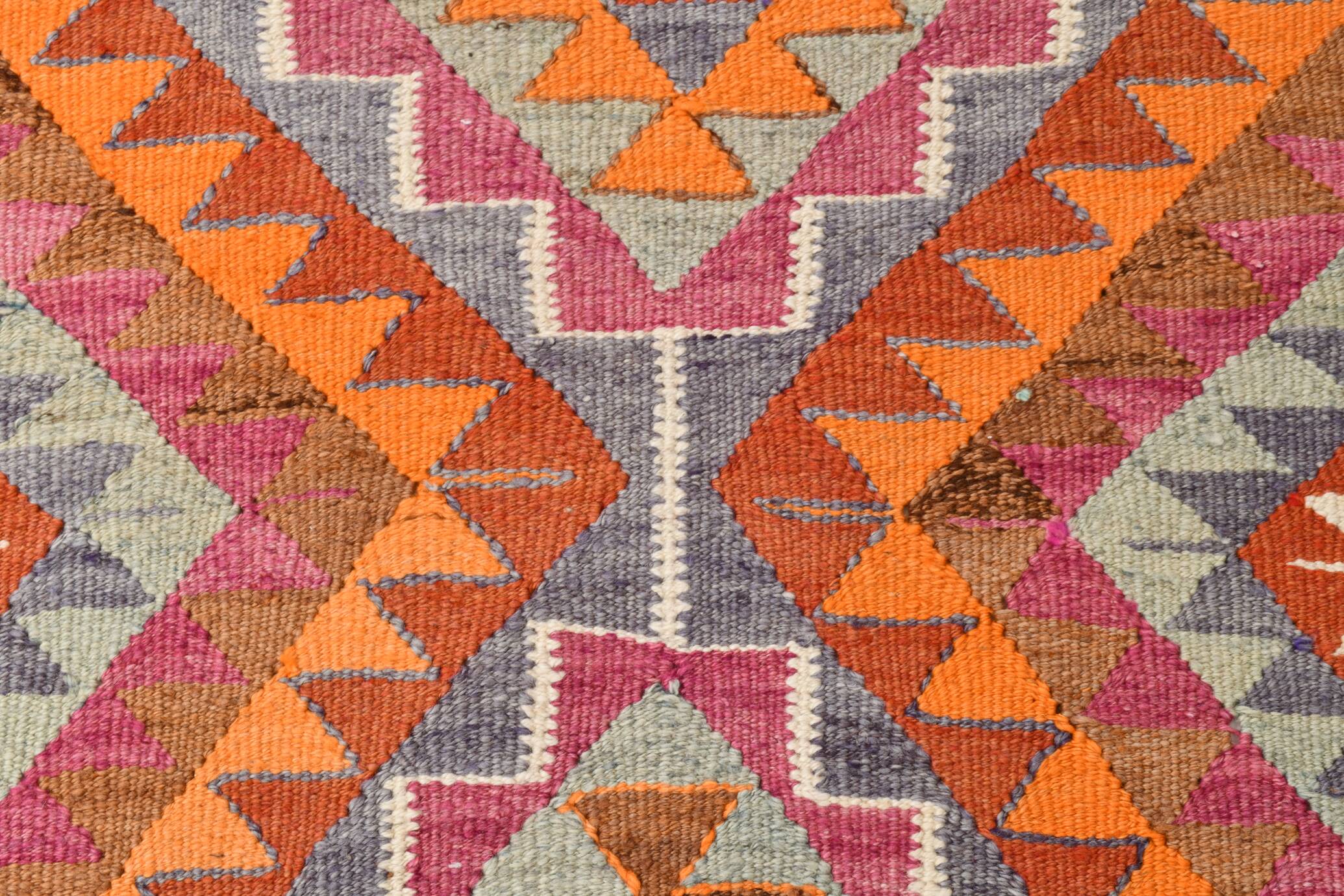 3x11 %100 Wool Geometric Multicolor Kilim Runner Rug 89x340Cm