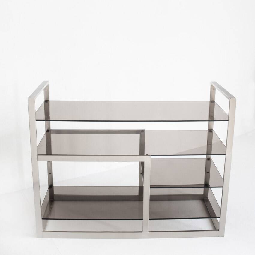 Vintage TV or HiFi cabinet. Brushed stainless steel and smoked glass. France, 1970s