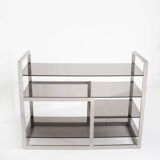 Vintage TV or HiFi cabinet. Brushed stainless steel and smoked glass. France, 1970s