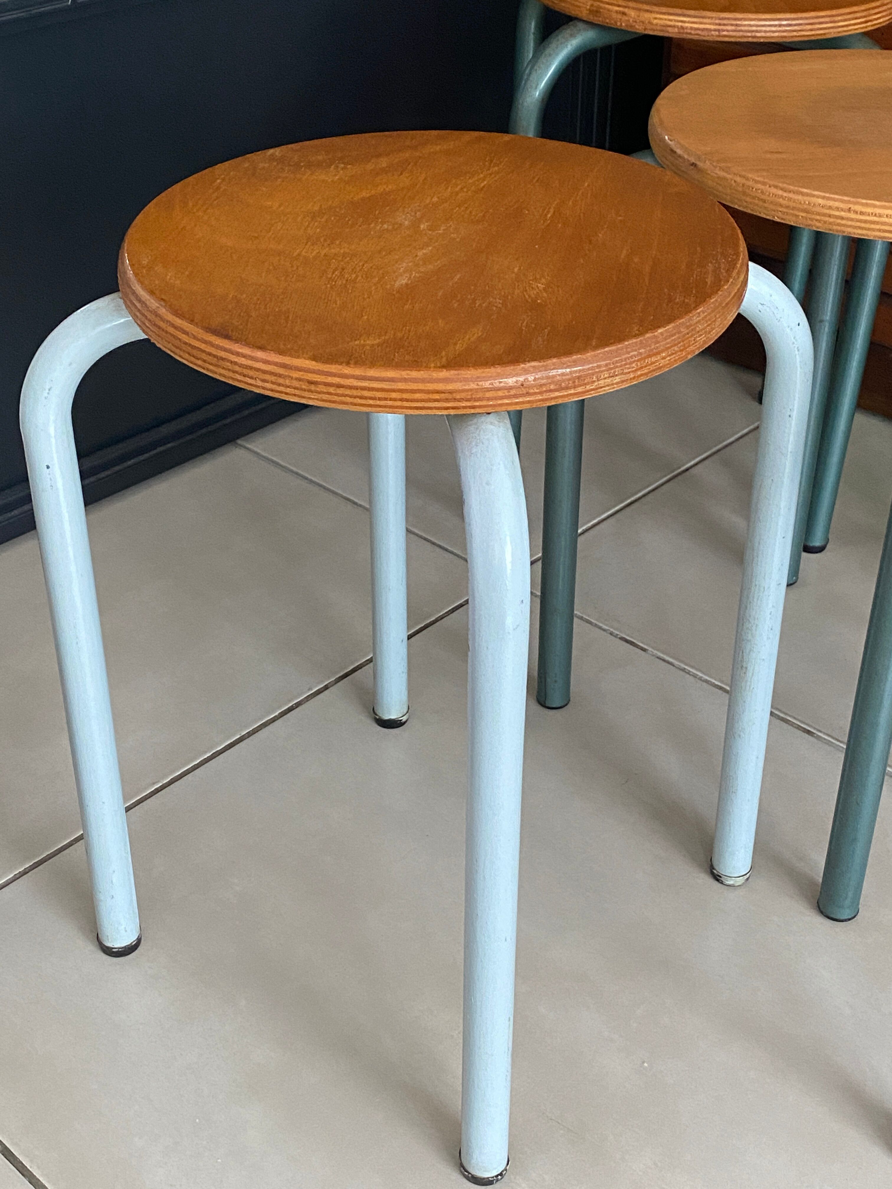 Set of 4 metal and wood workshop stools