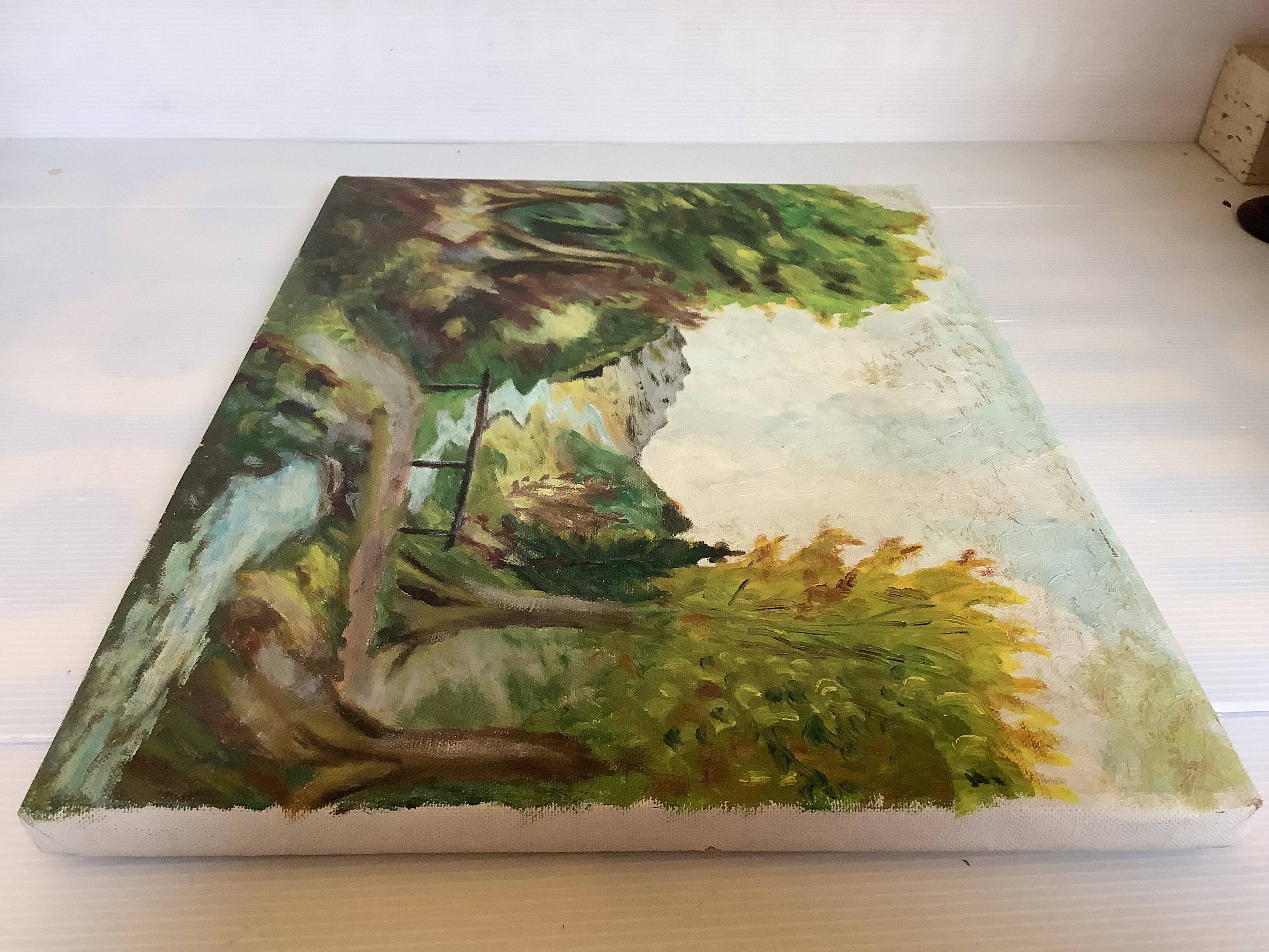 Landscape painting with a small bridge, oil on canvas.