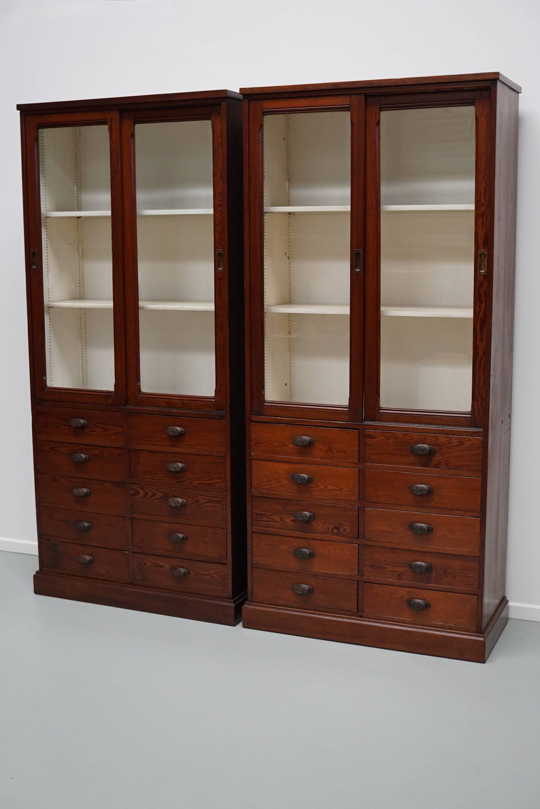 Large Antique Belgian Pitch Pine Apothecary Shop Cabinet / Vitrine, ca 1900