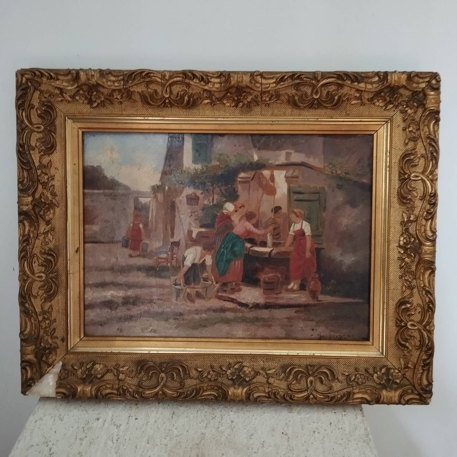 Old painting village scene