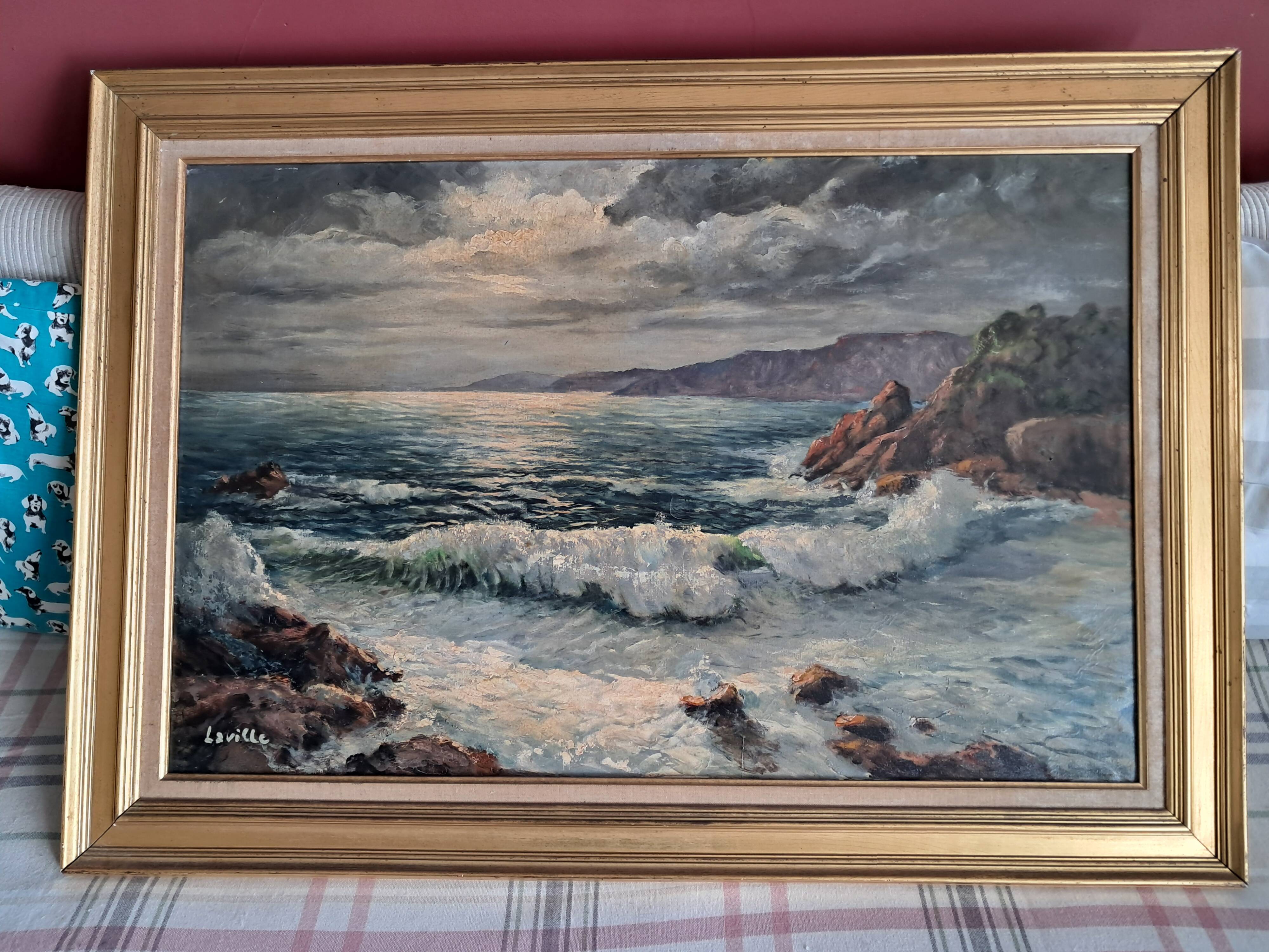 Old oil painting depicting a seascape.