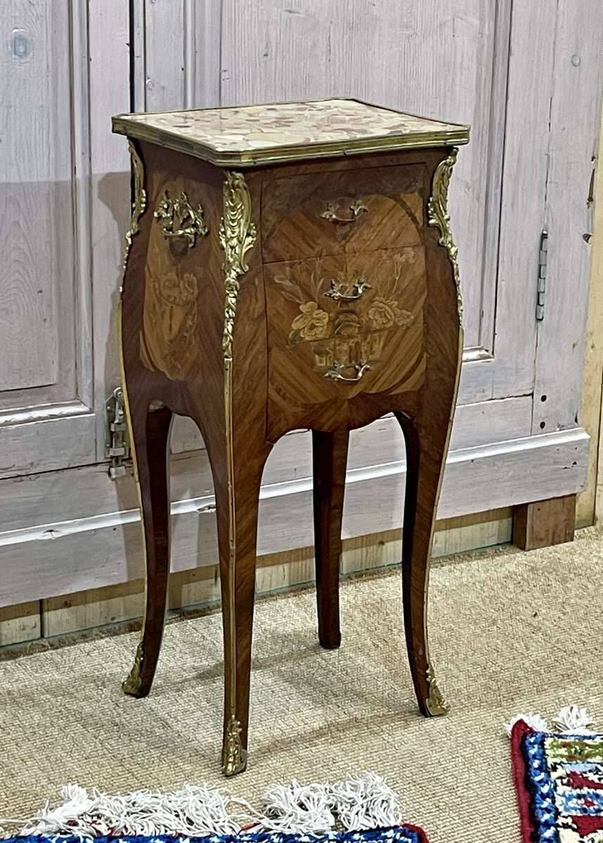 Louis XV style bedside table in rosewood and oak from the 70s with marble top