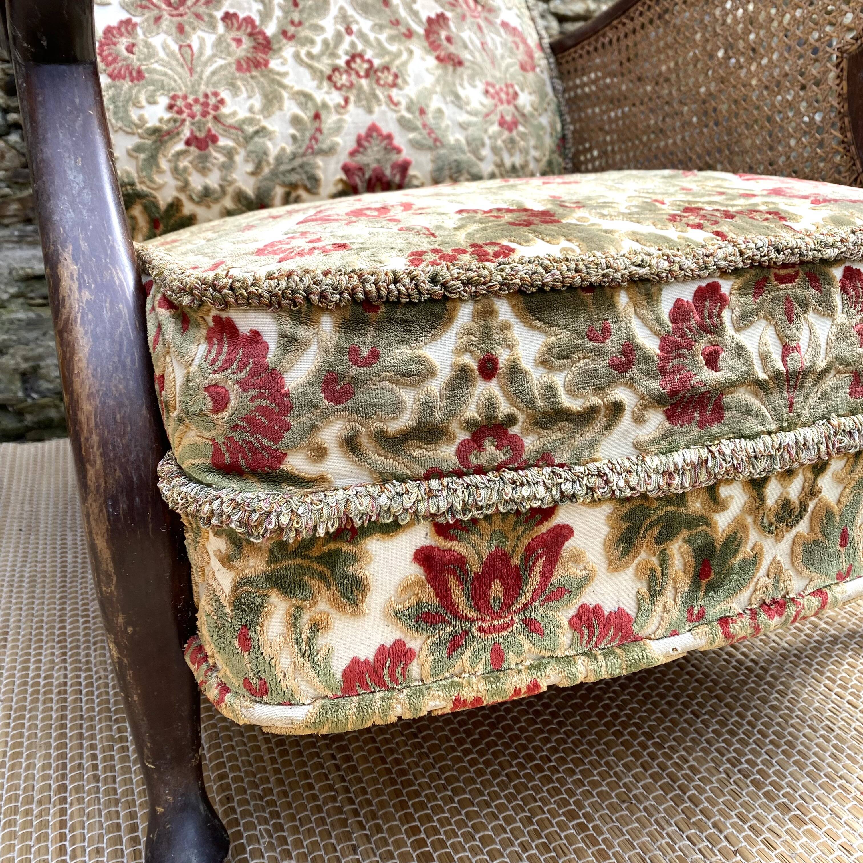 English cane and velvet armchair, Chippendale style