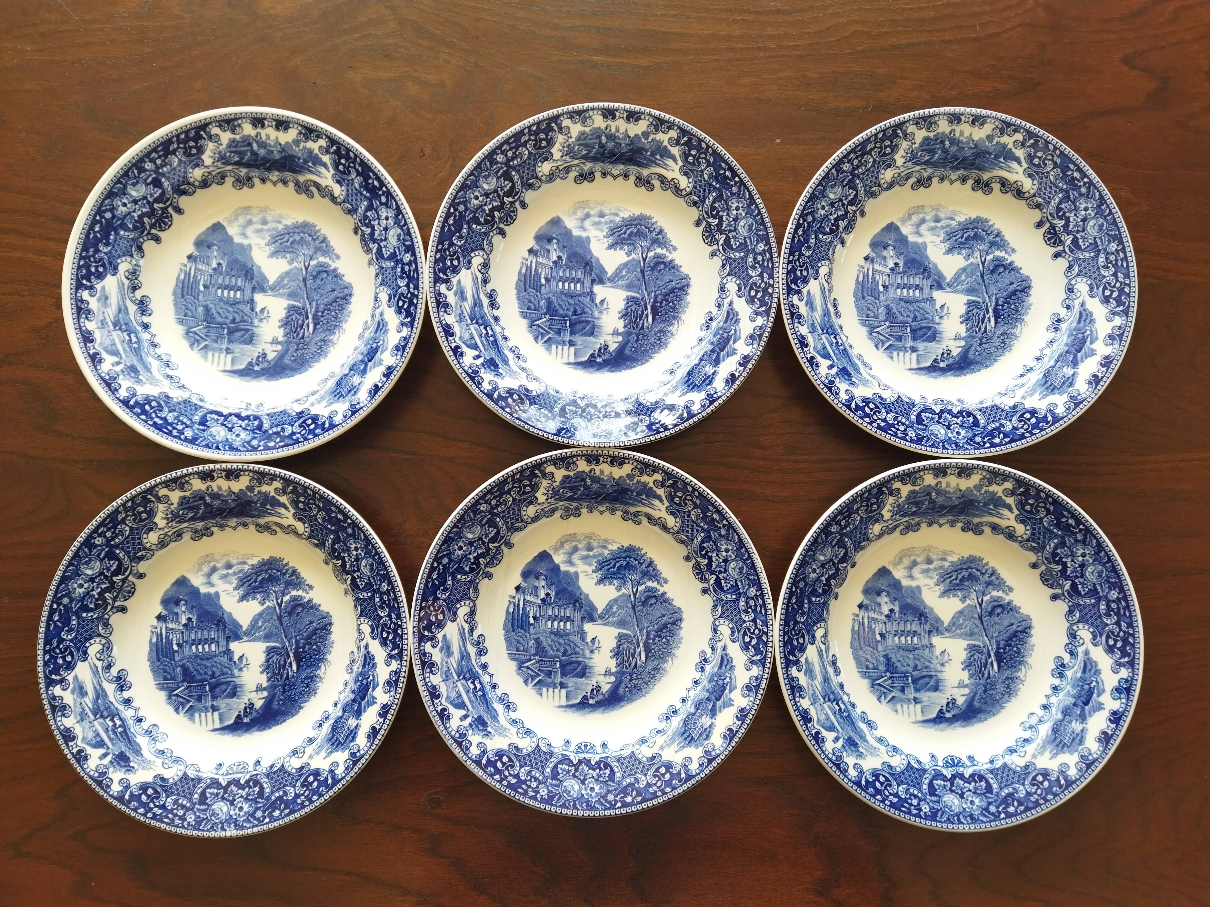 Royal Sphinx Maestricht P. Regout "Cambridge Old England" blue & white soup plates