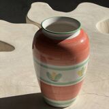 Large vintage pink vase with yellow and green stylized flower patterns H25
