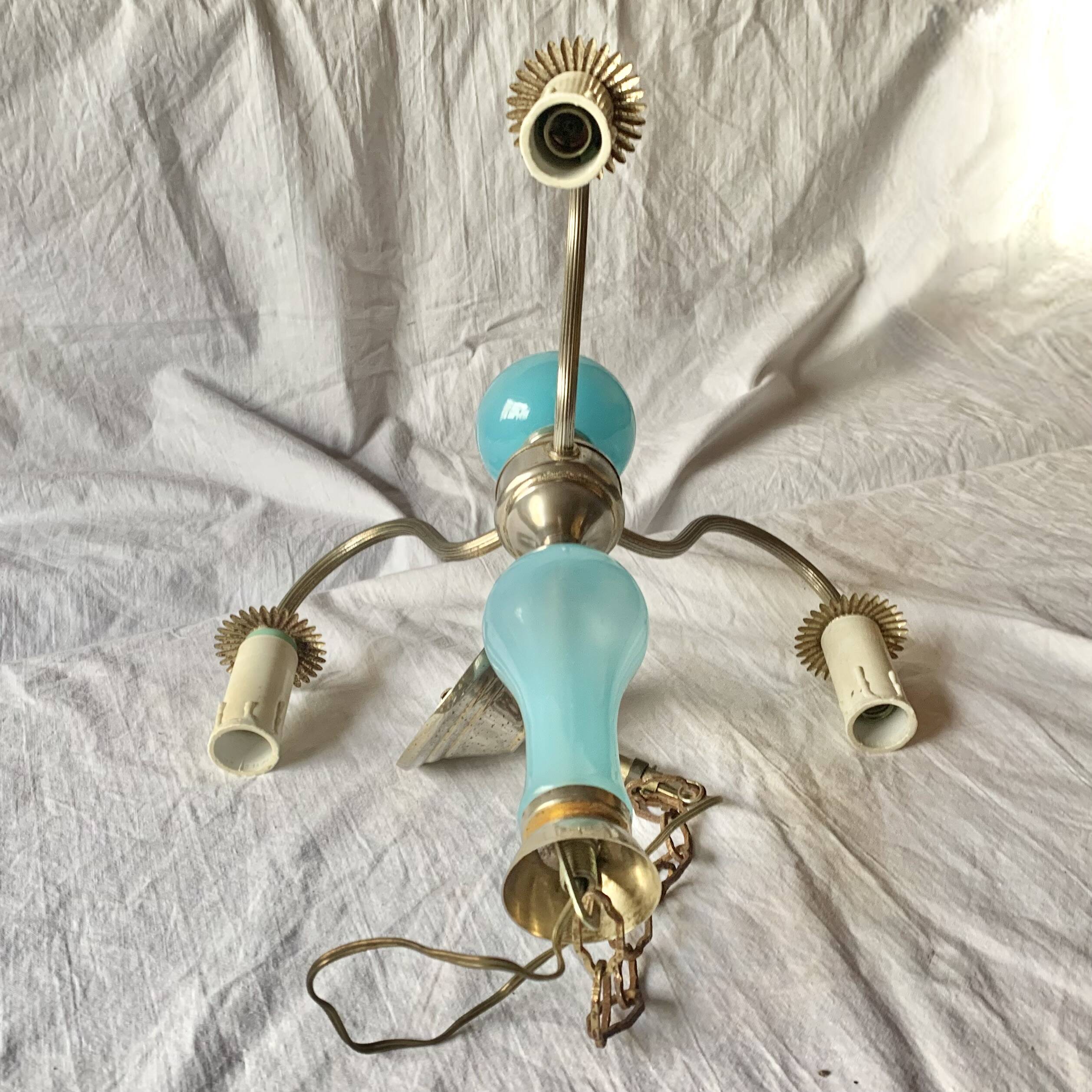 Turquoise opaline and vintage metal chandelier - 3 arms