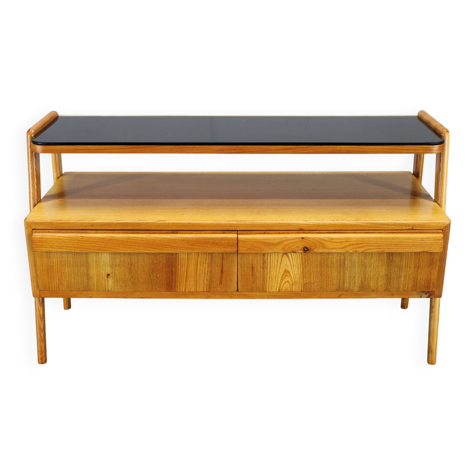 1960s Czechoslovakian Maple TV Rack with Drawers and Glass Top