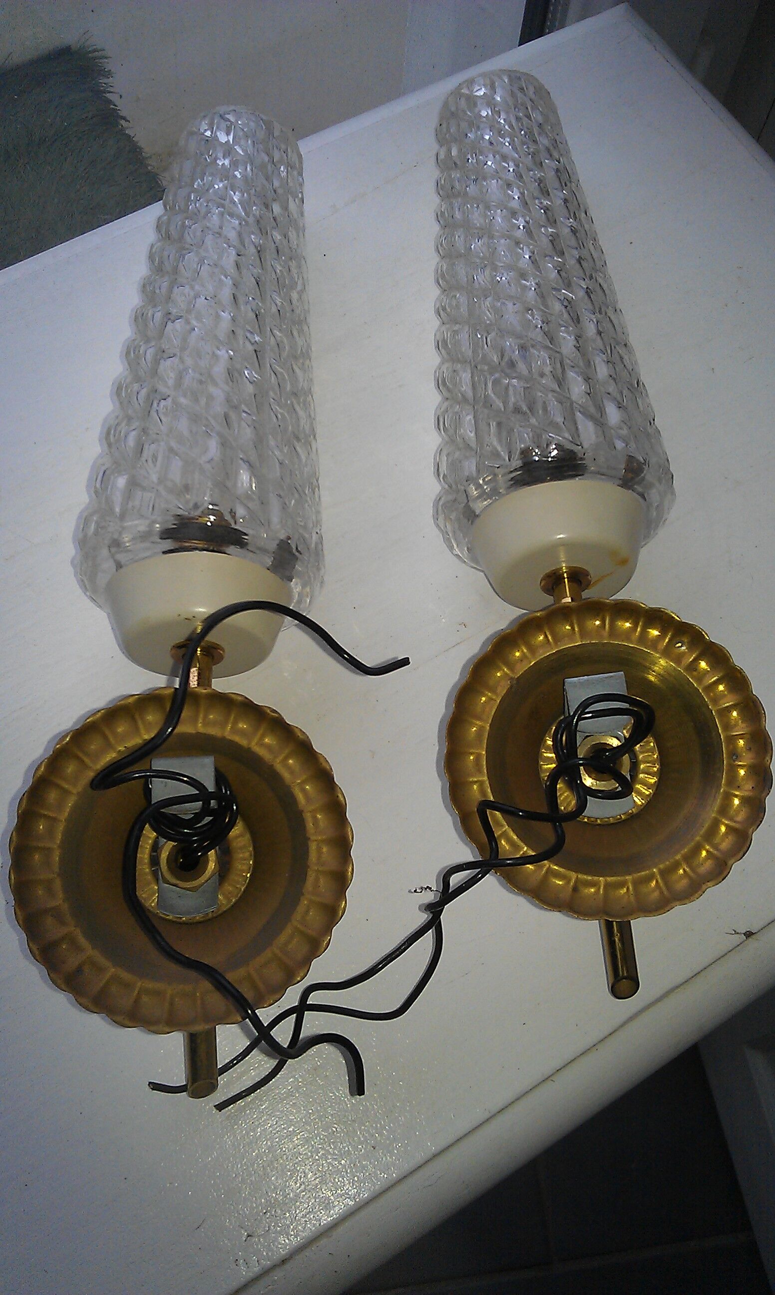 Pair of vintage gold metal and glass wall
