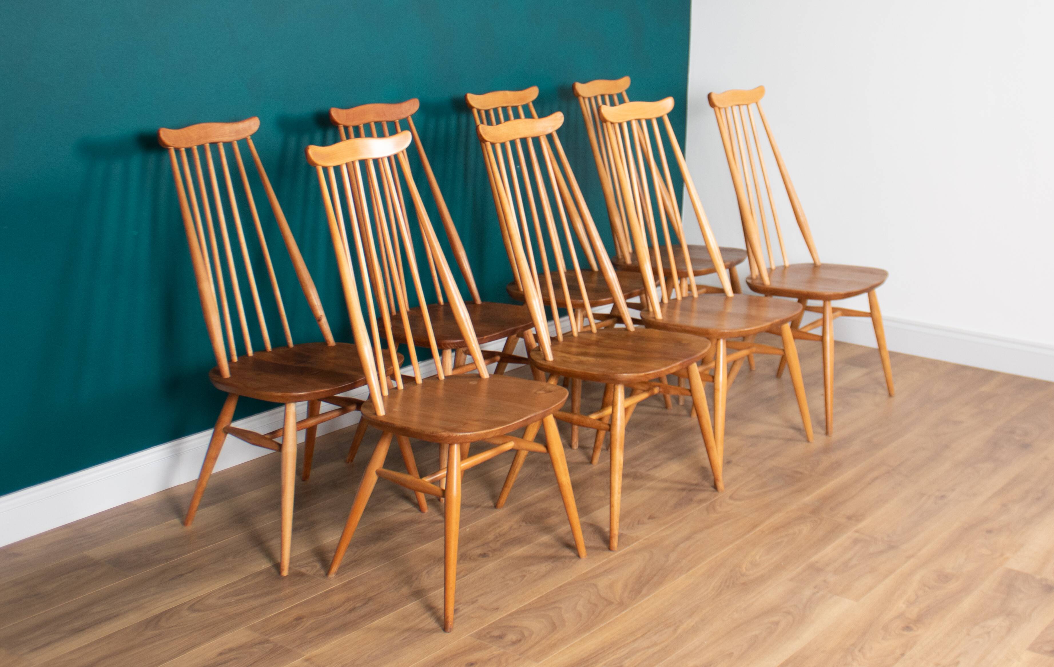 Table de salle à manger rétro en orme blond modèle 444, grande planche et 8 chaises de salle à manger d'orfèvre