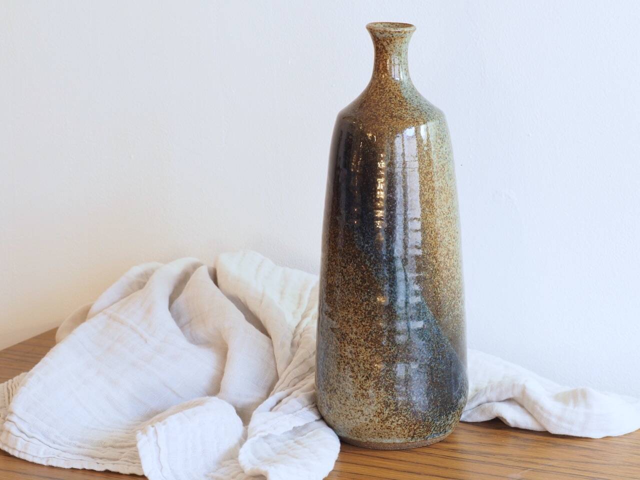 Enamelled stoneware vase or bottle signed Hélène
