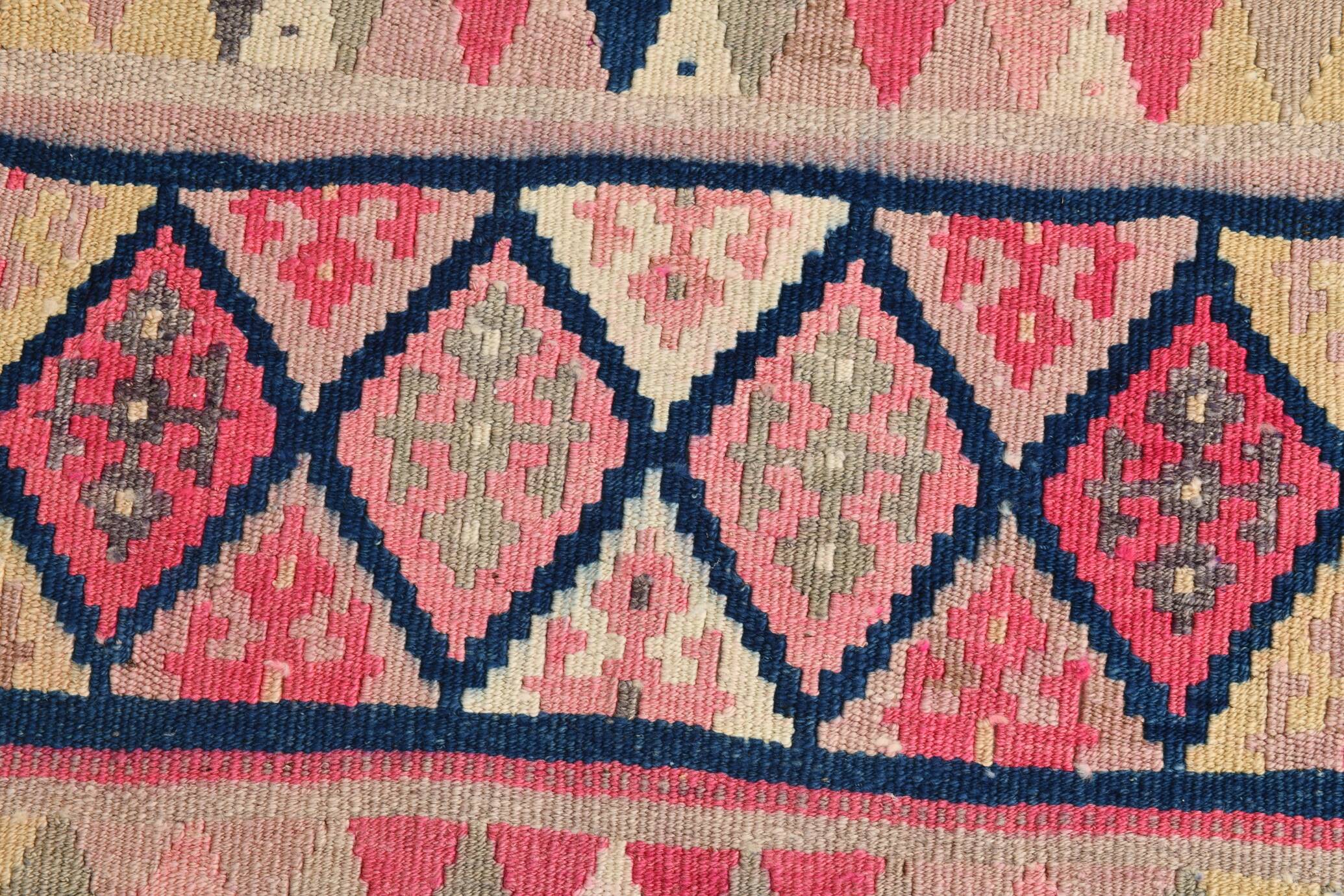 Pink & Navy Blue. Turkish Runner Rug, 90x350Cm