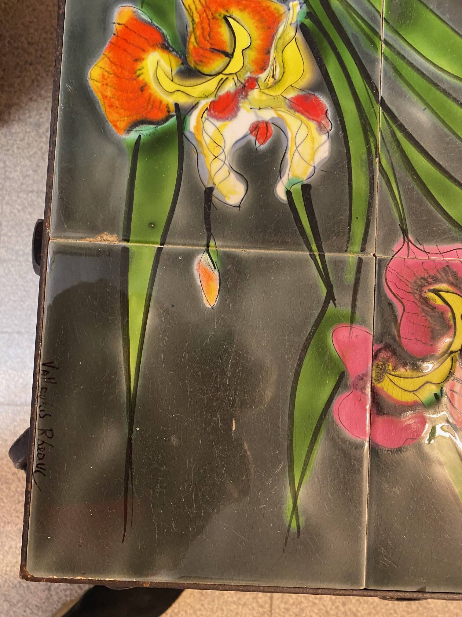 Vallauris coffee table signed rheaul faience tiles, flowers and wrought iron