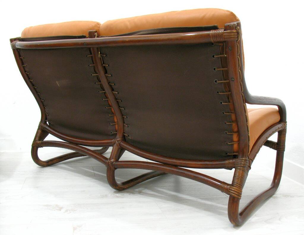 Italian Bamboo, Rattan, and Leather Living Room Set, 1970s