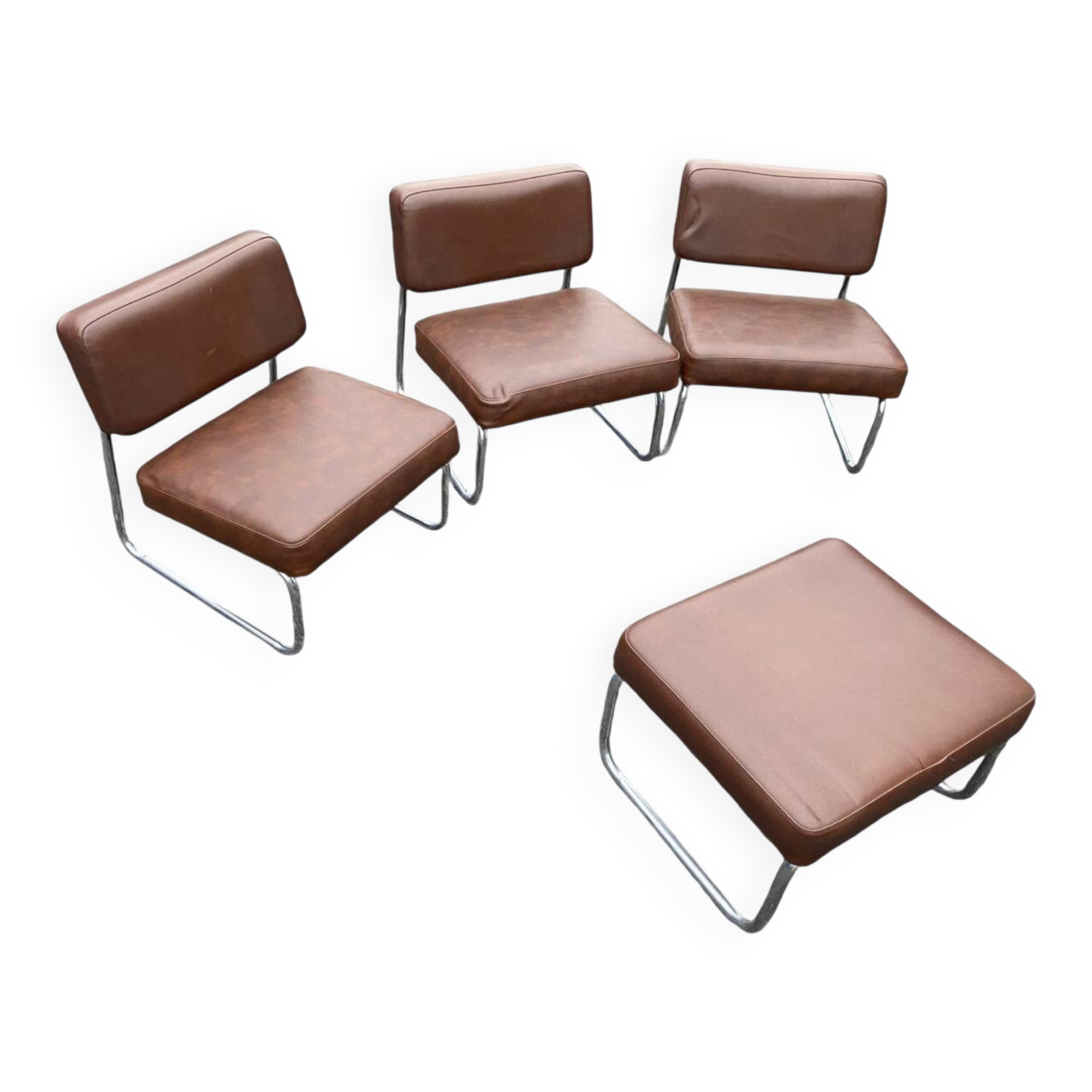 Set of 3 vintage 70s armchairs + pouffe – Brown faux leather