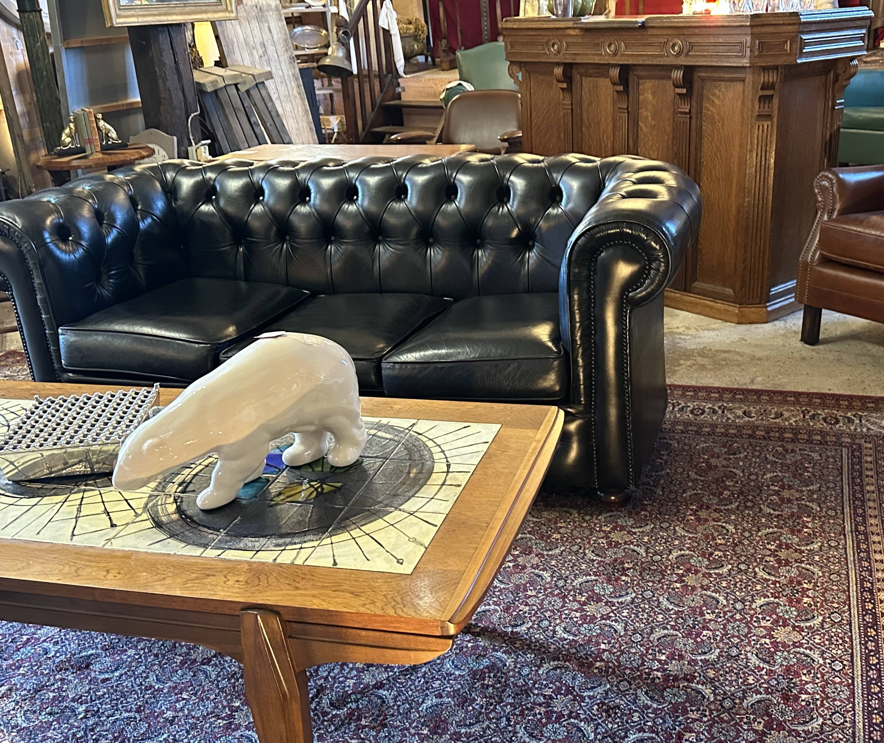 Vintage 1980 black leather Chesterfield sofa