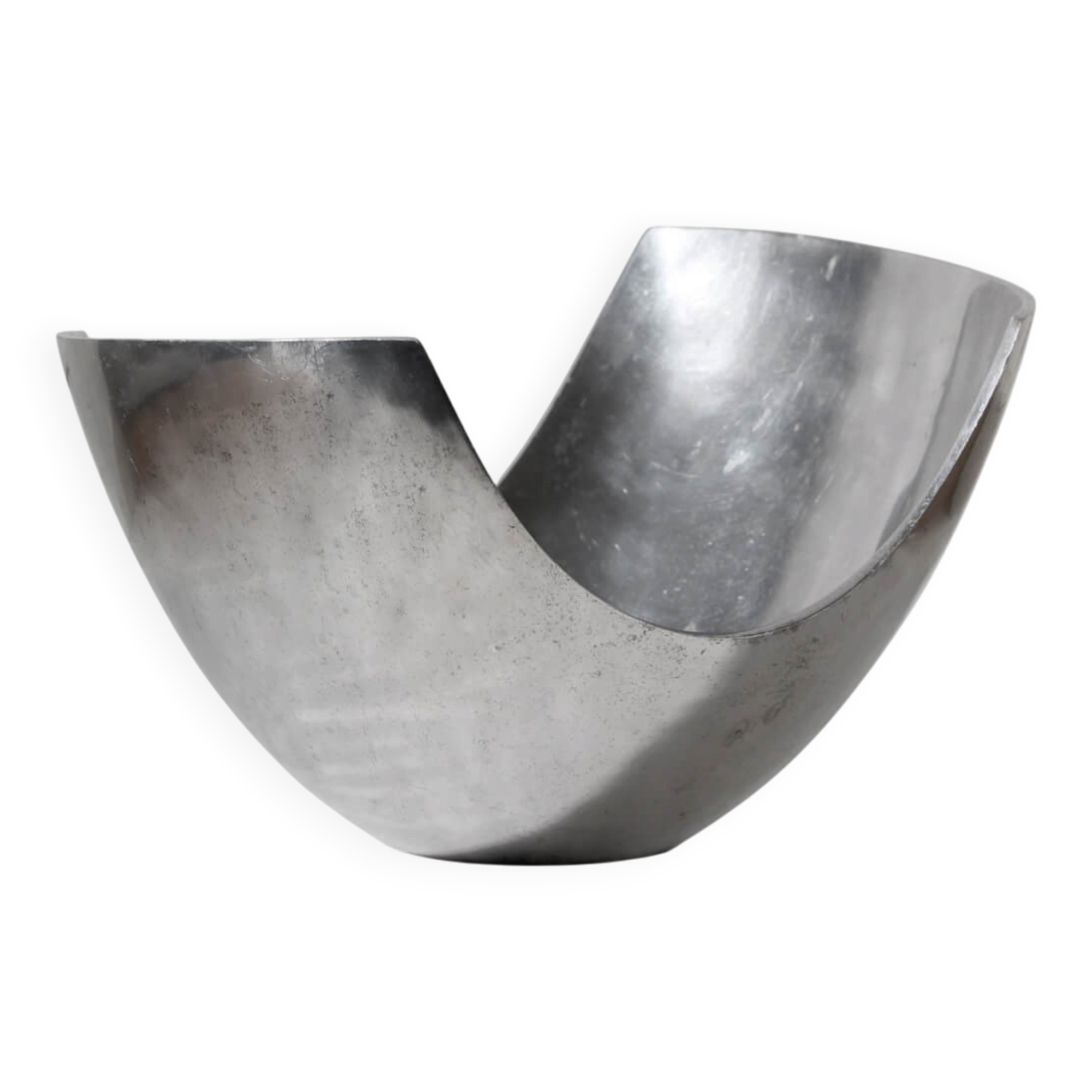 Polished Aluminum Asymmetric Contemporary Deep Bowl, Large