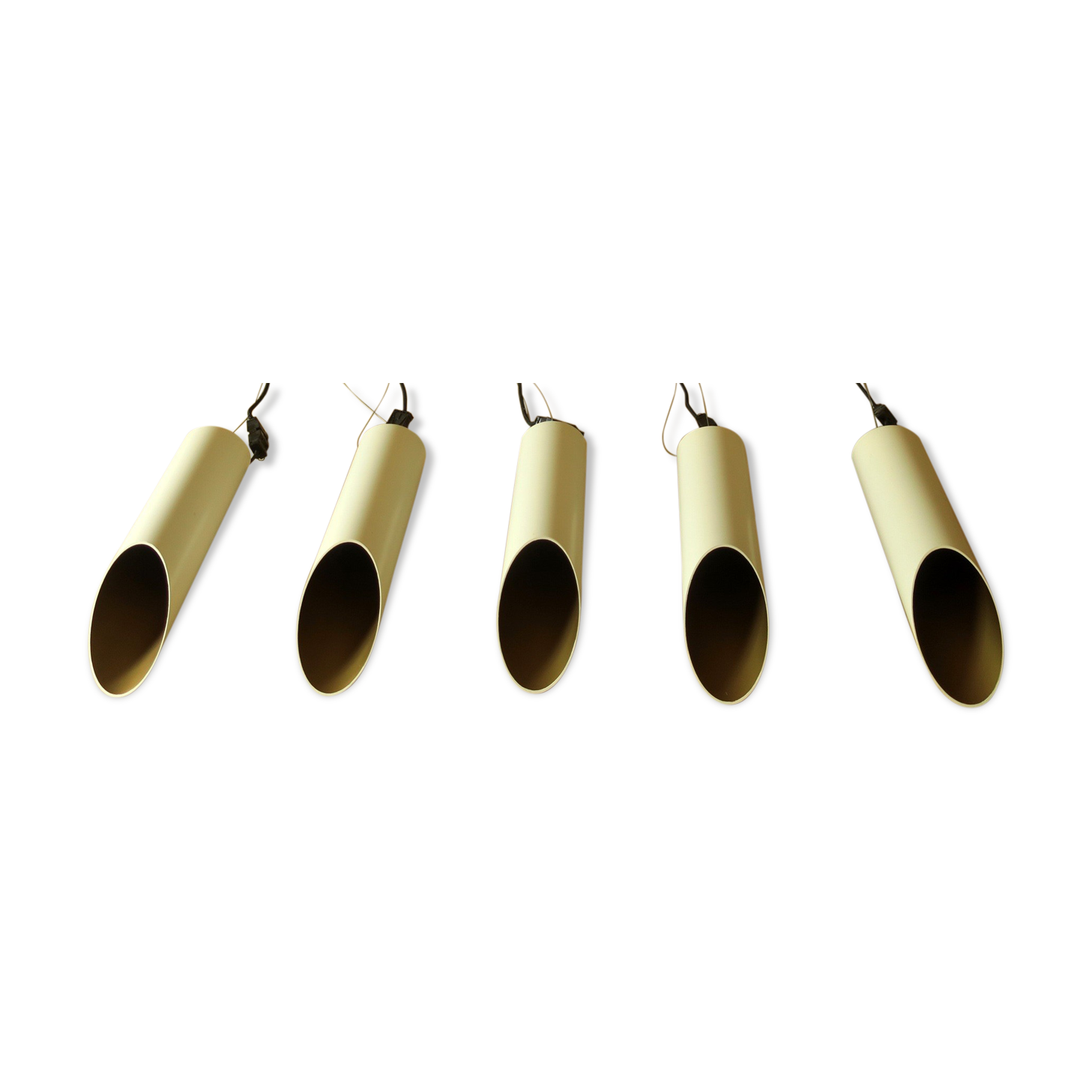 Set of 5 large cylindrical white and gold cinema pendants 1970s