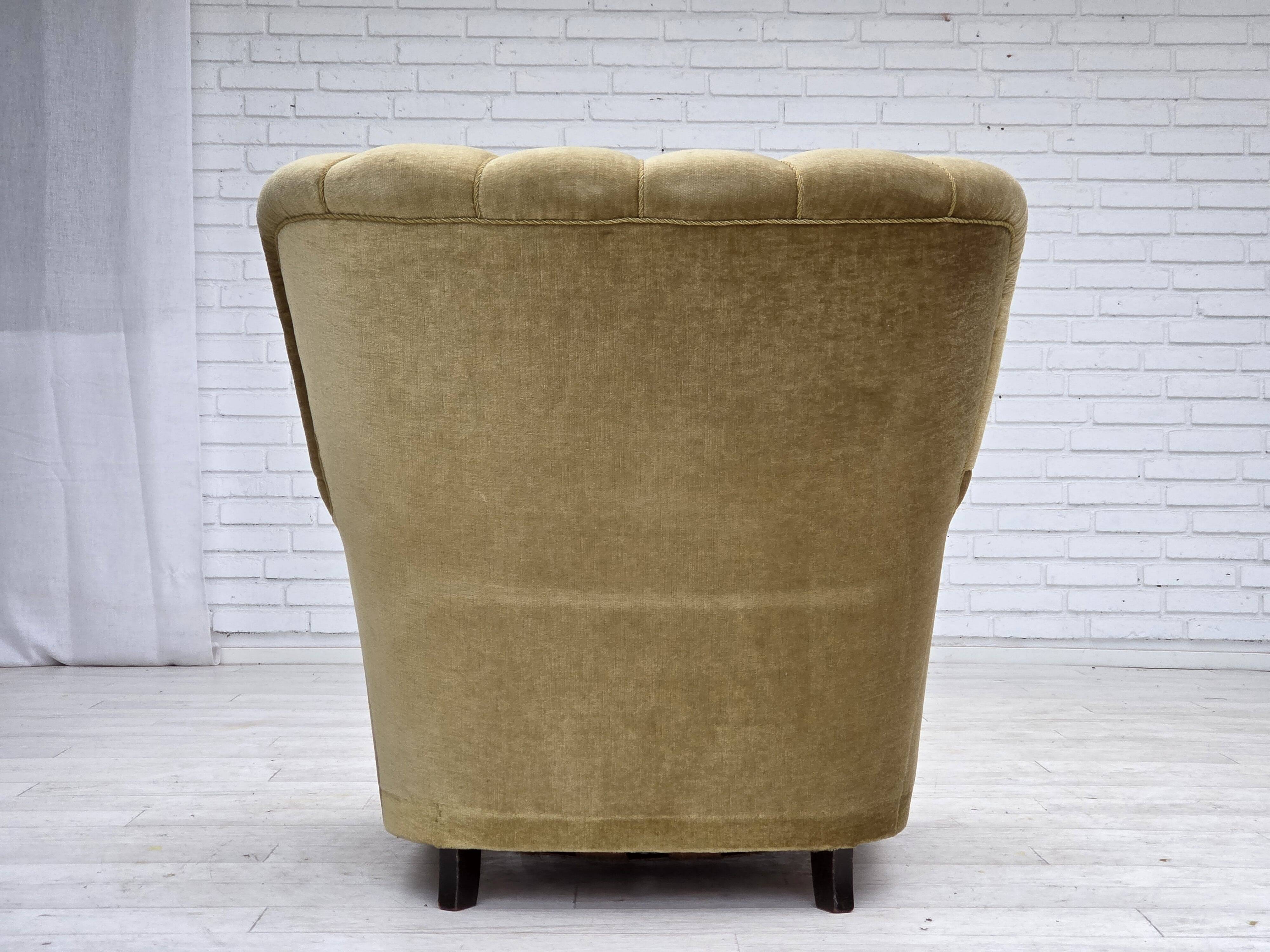 1960s, Danish armchair, green furniture velour, oak wood.
