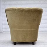 1960s, Danish armchair, green furniture velour, oak wood.