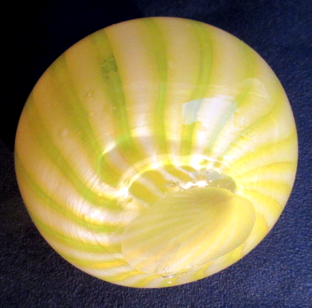 Art Deco glass vase, very small, ball shape with yellow and opalescent stripes