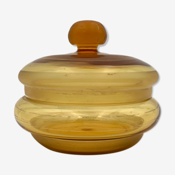 Bonbonnière ancienne en verre et pâte de verre jaune ambré, Tchécoslovaquie - XXe