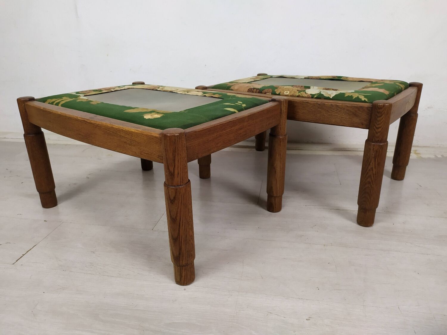 Pair of vintage oak poufs
