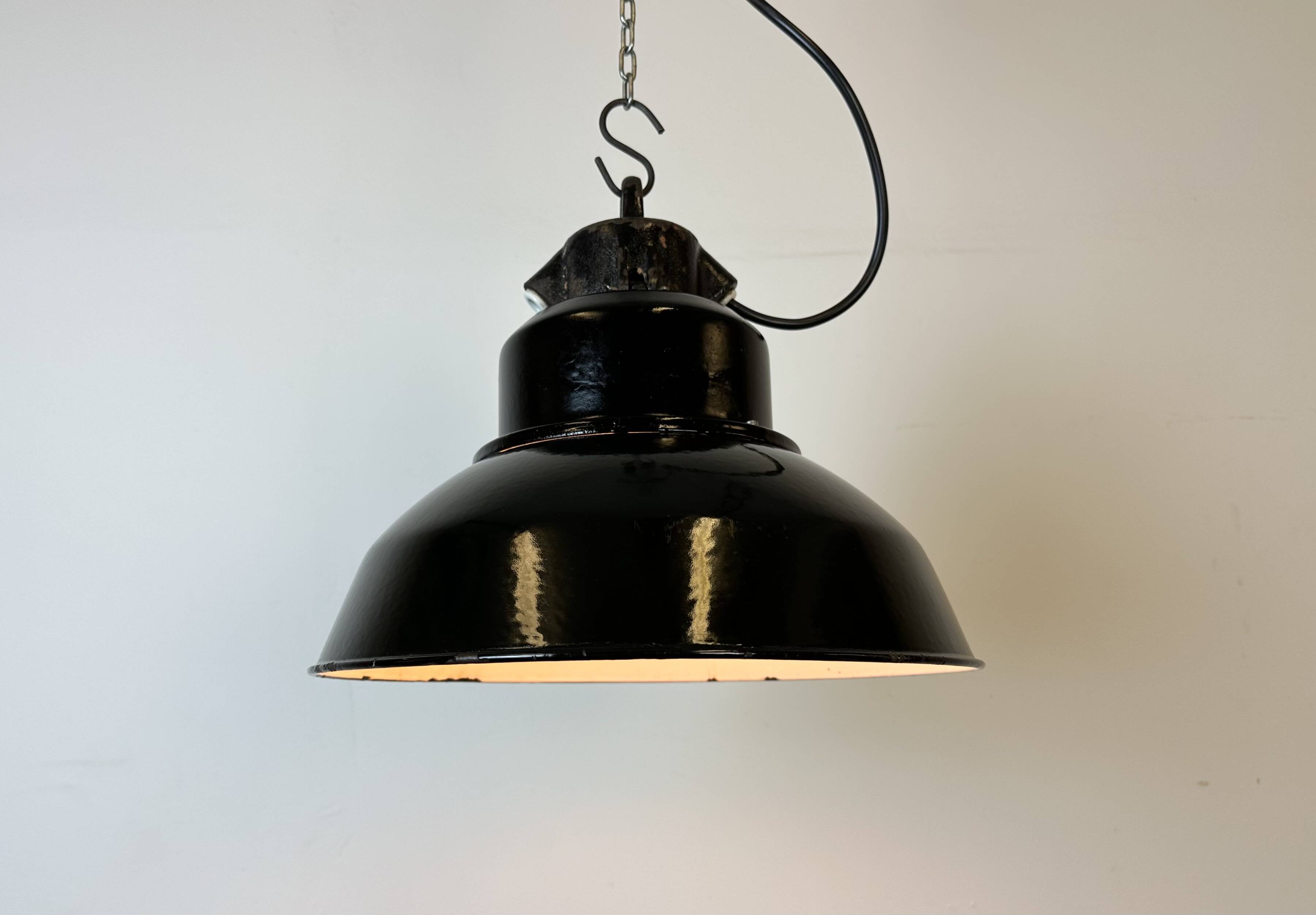 Industrial Black Enamel Factory Lamp with Cast Iron Top, 1960s