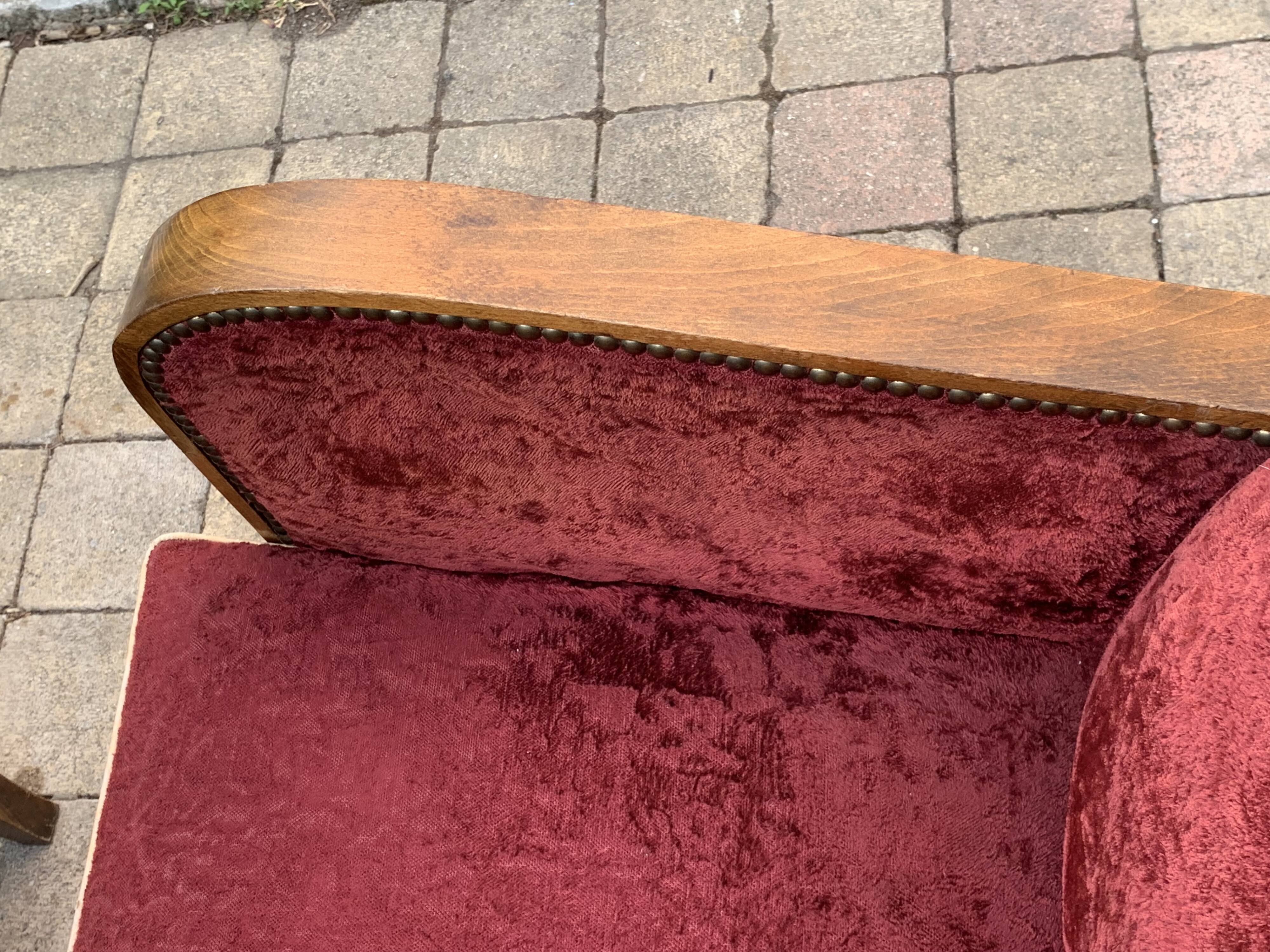 Pair of Art Deco club armchairs in burgundy red velvet, 1930s