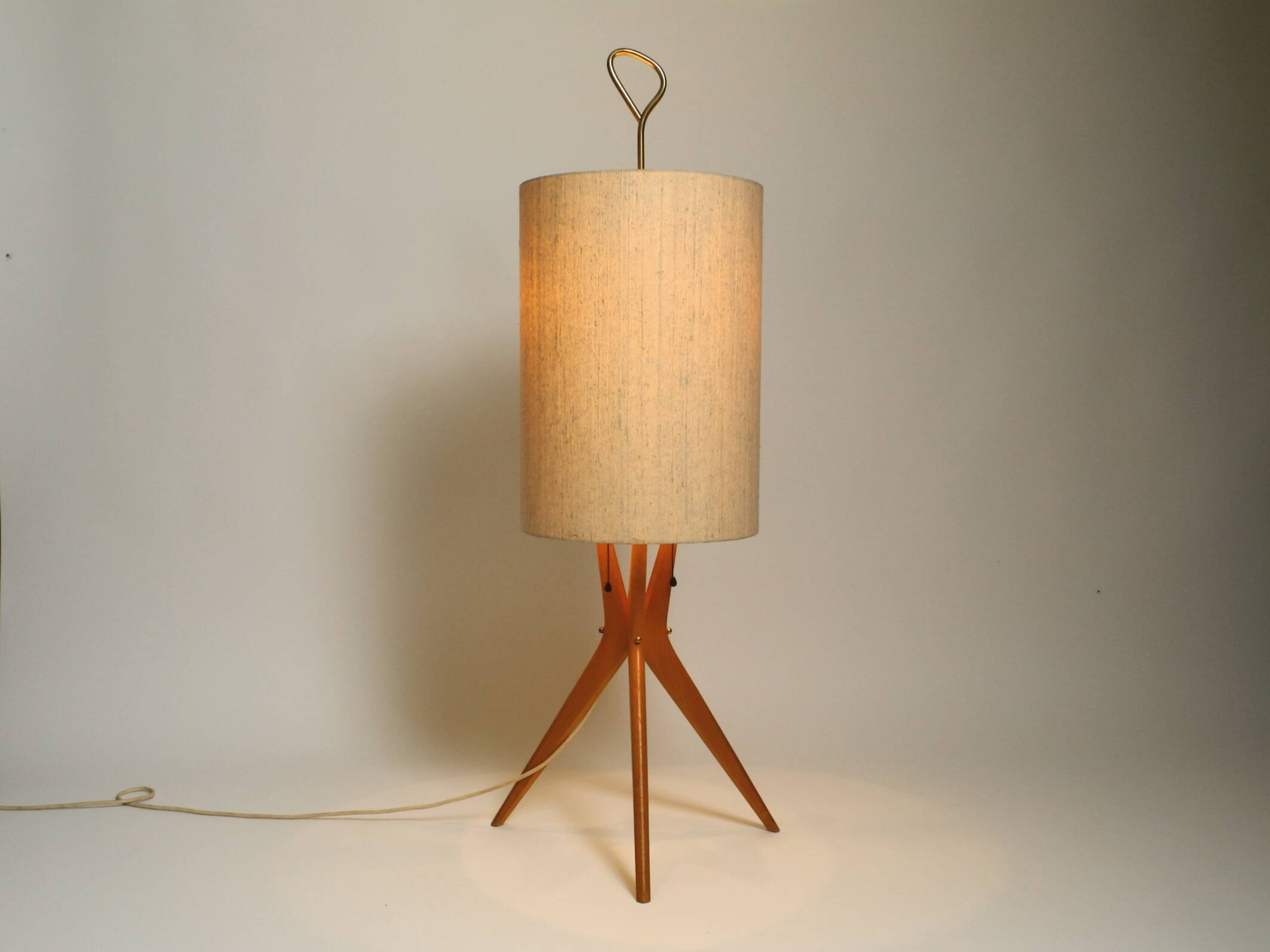 Mid Century Modern tripod walnut wood floor lamp with large fabric shade